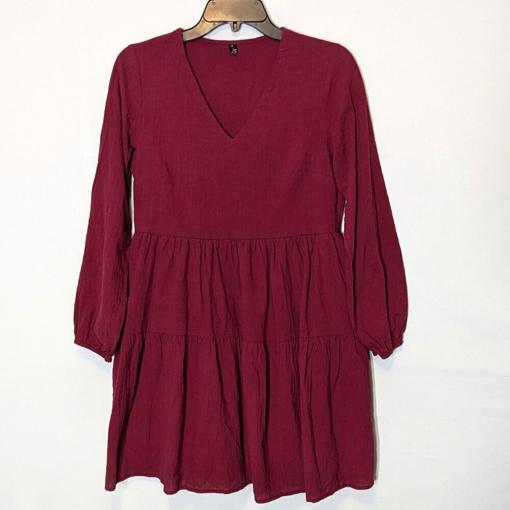 FANCYINN NY, Cotton Blend Burgundy Boho Peasant Short Dress; Size S